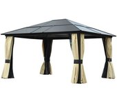 Outsunny Cenador de Jardín 4,3x3,6 m Pabellón de Aluminio con Techo de Policarbonato 4 Cortinas y 4 Mosquiteras con Cremallera Marrón   Aosom España