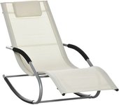 Outsunny Tumbona Mecedora de Jardín con Reposacabezas Reposabrazos Sillón Silla de Exterior Tejido Transpirable y Metal 63x148x85 Beige   Aosom España