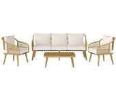 Outsunny Conjunto de Muebles de Exterior de 4 Piezas con Sofá Sillones y Mesa de Acacia con Cojines Gruesos y Ratán PE Natural