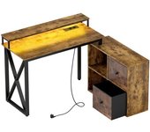 Homcom Escritorio Industrial con Luces LED y Estación de Carga con Patas Ajustables y Soporte en X 130x110x91 cm Madera Rústica