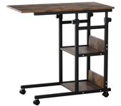 Homcom Mesa Auxiliar de Sofá Mesa Lateral en Forma de C con 4 Ruedas Giratorias Frenos Altura Ajustable 3 Niveles Marco Metal 80x40x75-85 cm Negro