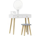 Homcom Tocador con Espejo Redondo Luces LED Ajustables y Taburete Acolchado con 2 Cajones y Organizador de Maquillaje Blanco