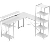 Homcom Escritorio en Forma de L, con conexión integrada, soporte de pantalla y estante de almacenamiento, blanco