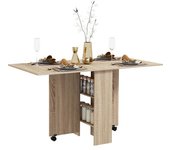 Homcom Mesa Plegable de Cocina con 2 Alas Abatibles de Madera 2 Estantes y Ruedas para Cocina Comedor 75x140x74 cm Madera Natural   Aosom España