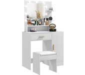 Homcom Tocador de Maquillaje con Taburete Espejo LED Cajones Estante Ajustable y Estantes Abiertos para Dormitorio Blanco