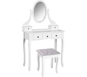 Homcom Tocador + Taburete y Espejo Mesa Maquillaje 5 Cajones Blanco Negro Mesa MDF (Blanco)   Aosom España