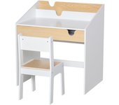 Homcom Escritorio para Niños con Silla de 3 a 6 Años con Cajón y Estante para Libros 70x50x75 cm Blanco y Natural   Aosom España