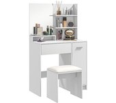 Homcom Tocador de Maquillaje con Taburete Espejo Cajón Estante Ajustable y Estantes Abiertos Anti-vuelco Blanco y Beige