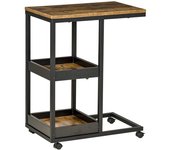 Homcom Mesa Auxiliar en Forma de C con Ruedas Estantes Abiertos y Marco de Acero para Salón Dormitorio 51x33x66cm Marrón Oscuro