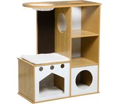 PawHut Árbol Rascador para Gatos de Madera para Gatos con 2 Cuevas Rascador Hamaca y Cojines de Felpa 76x37x92,5 cm Roble   Aosom España