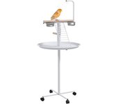 PawHut Comedero para Pájaros de Pie Ø60x138 cm con 4 Ruedas 2 Cuenco de Acero Inoxidable y 2 Perchas Blanco   Aosom España
