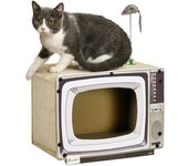PawHut Rascador de Cartón para Gatos en Forma de Televisor con Ratón de Juguete 43x23x23,5 cm Arena   Aosom España