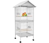 PawHut Jaula para Pájaros 2 en 1 Grande de 2 Pisos Convertible en Sola Jaula con Ruedas Comederos 4 Perchas 78x75x168 cm Blanco   Aosom España