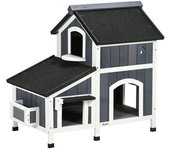 PawHut Caseta de Madera de Exterior para Gatos Casa para Gatos Refugio para Gatos de 2 Niveles 96x65x85,5 cm Gris   Aosom España