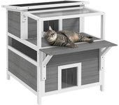 PawHut Caseta para Gatos de Madera de 2 Niveles con Techo Asfáltico Ventana y Puerta con Cortina 64x87x76 cm Gris Claro