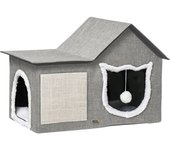PawHut Caseta para Gatos Casa para Gatos Interior con Almohadilla para Rascar Cojín Suave y Bola Colgante 65x41x45,5 cm Gris   Aosom España