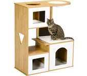 PawHut Árbol Rascador para Gatos con 3 Casetas de Madera Cojines Lavables Tabla de Rascado y Hamaca 76x37x92,5 cm Roble   Aosom España