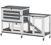 PawHut Conejera de madera de 2 pisos con ruedas, 3 bandejas, para 2-3 conejos, 147 x 45 x 89,5 cm, gris