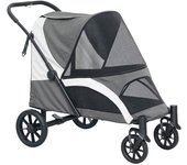 PawHut Carrito para perros, Hundebuggy plegable para perros grandes, carrito para mascotas con 4 ruedas, correas de seguridad, frenos, Gris oscuro