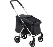 PawHut Carrito para perros 4 ruedas ligero y plegable, cojín lavable, correa de seguridad, ventanas de malla múltiples, gris