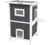 PawHut Caseta para Gatos de Exterior en Madera de 2 Niveles con Tejado de Asfalto y 4 Puertas, 60x60x90,5 cm, Gris   Aosom España