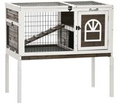 PawHut Conejera de Madera con Zona Abierta Techo Abatible Puertas Bandeja Extraíble y Rampa 90x53x87 cm Marrón y Blanco