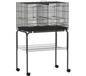 PawHut Jaula para Pájaros con Divisor Comederos Bandeja Extraíble y Soporte para Canarios y Periquitos 76x46x46/116 cm Negro