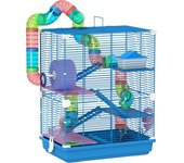 PawHut Jaula de Hámster con Túnel Plataformas Cuenco Bebedero Casita Rampas y Rueda de Ejercicio 46x30x58 cm Azul