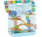 PawHut Jaula para Hámster de Múltiples Niveles con Tubos Plataformas Comedero Bebedero Casita Rueda Escaleras 47x30x59 cm Azul