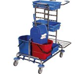 kaiserkraft Carro de limpieza y de servicio, L x A x H 1050 x 580 x 1100 mm, 3 cubetas de plástico, cromado