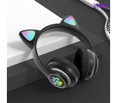 Auriculares Inalámbricos con Orejas de Gato, Luz LED, Micrófono Integrado, Diseño Cute, Perfectos para Juegos, Color Negro