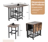Costway Set de Mesa de Comedor Plegable de 3 Piezas con 2 Taburetes Ruedas Bloqueables 2 Estantes de Almacenamiento de Malla para Cocina Marrón