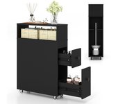 Costway Mueble Estrecho Móvil de Baño con Ruedas Armario con Cajones Deslizantes Extraíbles Cestas de Mimbre Porta Escobilla 50 x 19 x 72 cm