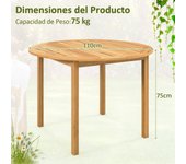 Costway Mesa de Comedor Redonda de Madera de Acacia para 4 Personas Mesa de Jardín con Orificio para Sombrilla para Terraza 110 x 75 cm Natural