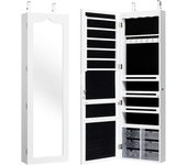 Armario para joyas con espejo, con cerradura de pared con 5 luces led, 4 estantes, 120 ranuras para pendientes,18 ganchos, 84 ranuras para anillos