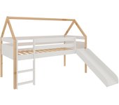 Cama infantil estilo casita con tobogán y escalera - 45x195x97 cm (blanco y madera)