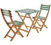 Mesa de jardín de madera de acacia con 2 sillas plegables, hilora, verde grisáceo, 60x60x8 cm