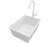 Primagran fregadero granito todo blanco 36x47cm, fregadero cocina 1 seno + sifón + accesorios, fregadero sobre encimera al mueble 40cm - london slim
