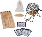 Relaxdays juego de bingo completo, con bombo, 75 bolas, 18 cartones, 150 fichas y contador, madera, natural y negro