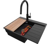 Primagran fregadero granito negro metallic 62x50cm, fregadero cocina 1 seno + sifón + accesorios, fregadero sobre encimera al mueble 45cm - sydney