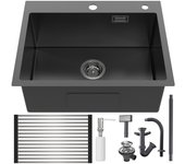Fregadero cocina negro 58*45*18cm,lavabo cocina 1 bandeja con escurridor enrollable y dispensador de jabón, inox, montaje empotrado o en flor