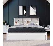 Cama doble de madera maciza con cajones y somier de láminas, estantería para adolescentes y adultos, cama infantil, 140x200cm blanca