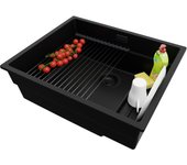 Primagran fregadero bajo encimera todo negro 56x47cm, fregadero cocina 1 seno + sifón + accesorios, fregadero granito al mueble 60cm - prague