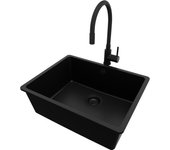 Primagran fregadero bajo encimera todo negro 56x44cm, fregadero granito 1 seno + sifón + accesorios, fregadero cocina al mueble 60cm - venecia easy
