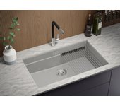 Primagran fregadero bajo encimera gris 76x47cm, fregadero cocina 1 seno + sifón + enrollable escurridor, fregadero granito al mueble 80cm - prague