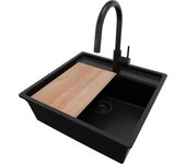 Primagran fregadero bajo encimera todo negro 56x53cm, fregadero granito 1 seno + sifón + accesorios, fregadero cocina al mueble 60cm - bergen