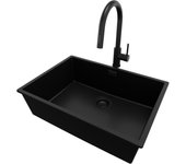 Primagran fregadero granito todo negro 66x47cm, fregadero cocina 1 seno + sifón + accesorios, fregadero sobre encimera al mueble 70cm - london slim