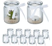 Relaxdays portavelas, set de 12, cristal, porta velas té con lazo, interior y exterior, decoración mesa, transparente