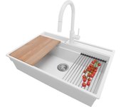 Primagran fregadero granito blanco 78x53cm, fregadero cocina 1 seno + sifón + accesorios, fregadero sobre encimera al mueble 80cm - oslo pocket