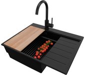 Primagran fregadero granito todo negro 62x50cm, fregadero cocina 1 seno + sifón + accesorios, fregadero sobre encimera al mueble 45cm - sydney